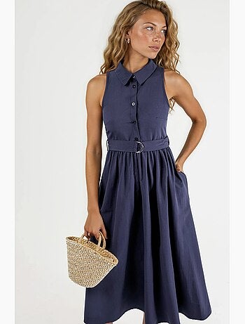 Vestido midi com colarinho de camisa e cinto busem