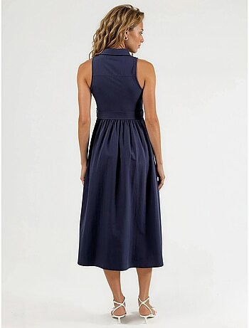 Vestido midi com colarinho de camisa e cinto busem