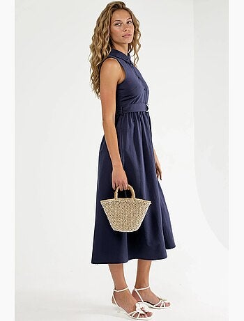 Vestido midi com colarinho de camisa e cinto busem