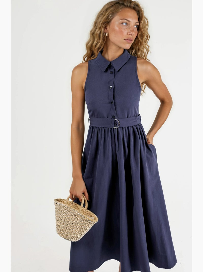 Vestido midi com colarinho de camisa e cinto busem Azul-marinho - Kiabi
