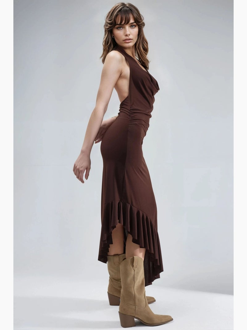 Vestido midi com decote drapeado e detalhe drapeado busem Castanho-escuro - Kiabi