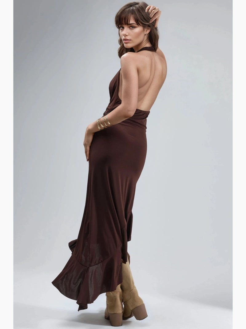 Vestido midi com decote drapeado e detalhe drapeado busem Castanho-escuro - Kiabi