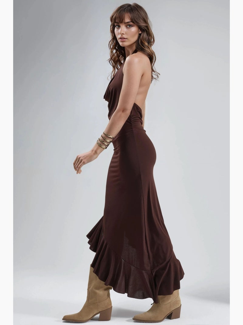 Vestido midi com decote drapeado e detalhe drapeado busem Castanho-escuro - Kiabi