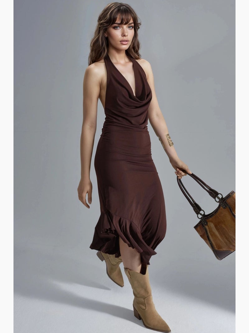 Vestido midi com decote drapeado e detalhe drapeado busem Castanho-escuro - Kiabi