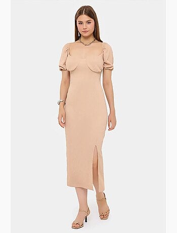 Vestido midi com decote em coração e manga abalonada e racha lateral hiccup