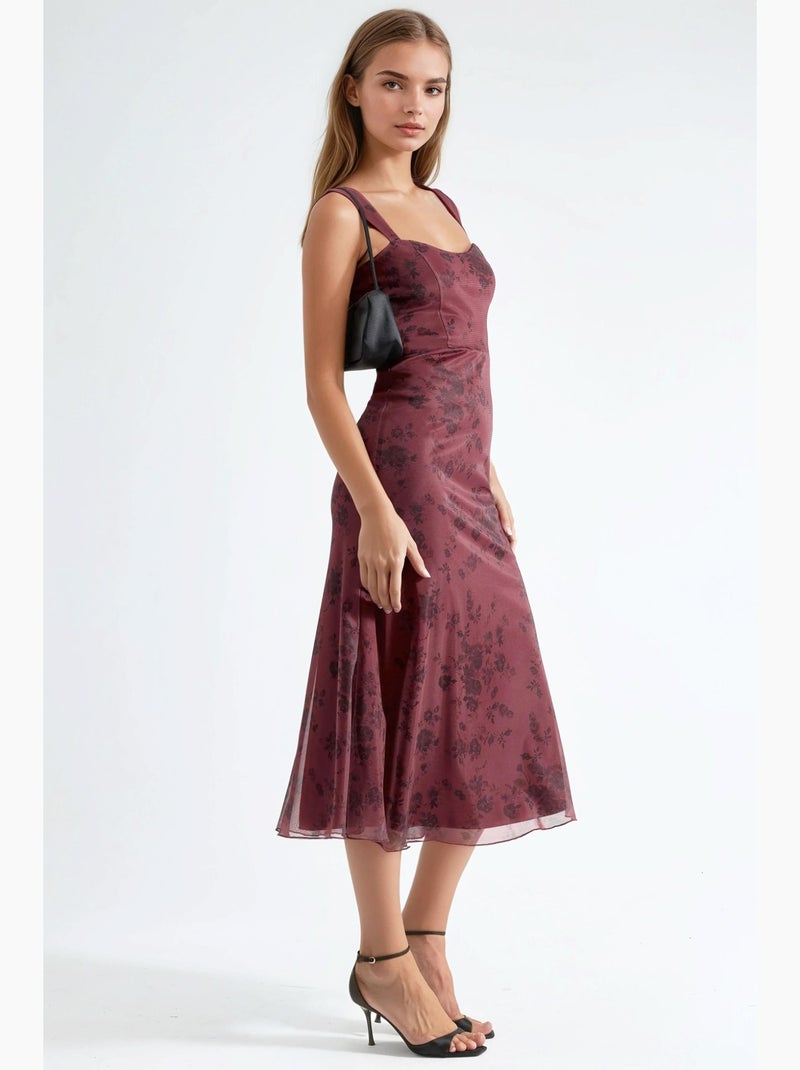 Vestido midi com decote em coração e padrão floral hiccup Vermelho bordô - Kiabi