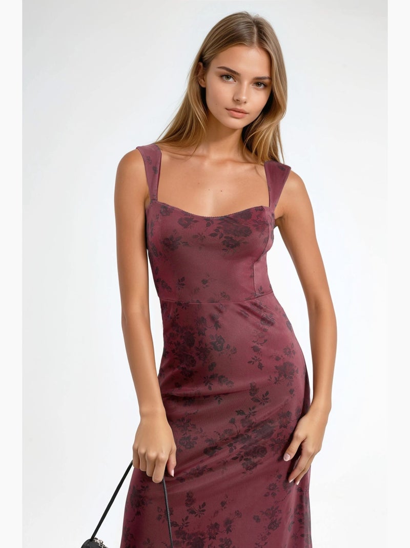 Vestido midi com decote em coração e padrão floral hiccup Vermelho bordô - Kiabi