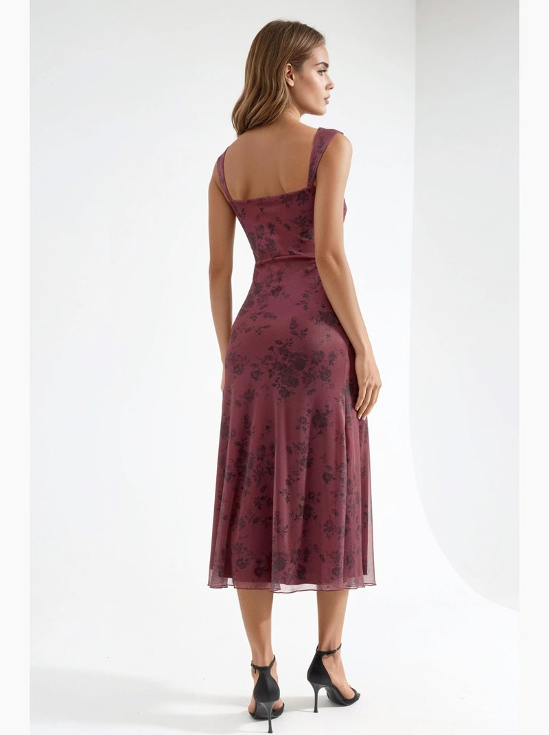 Vestido midi com decote em coração e padrão floral hiccup Vermelho bordô - Kiabi