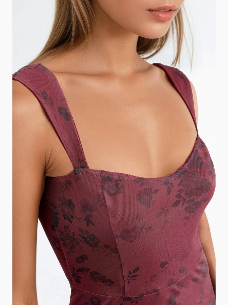 Vestido midi com decote em coração e padrão floral hiccup Vermelho bordô - Kiabi