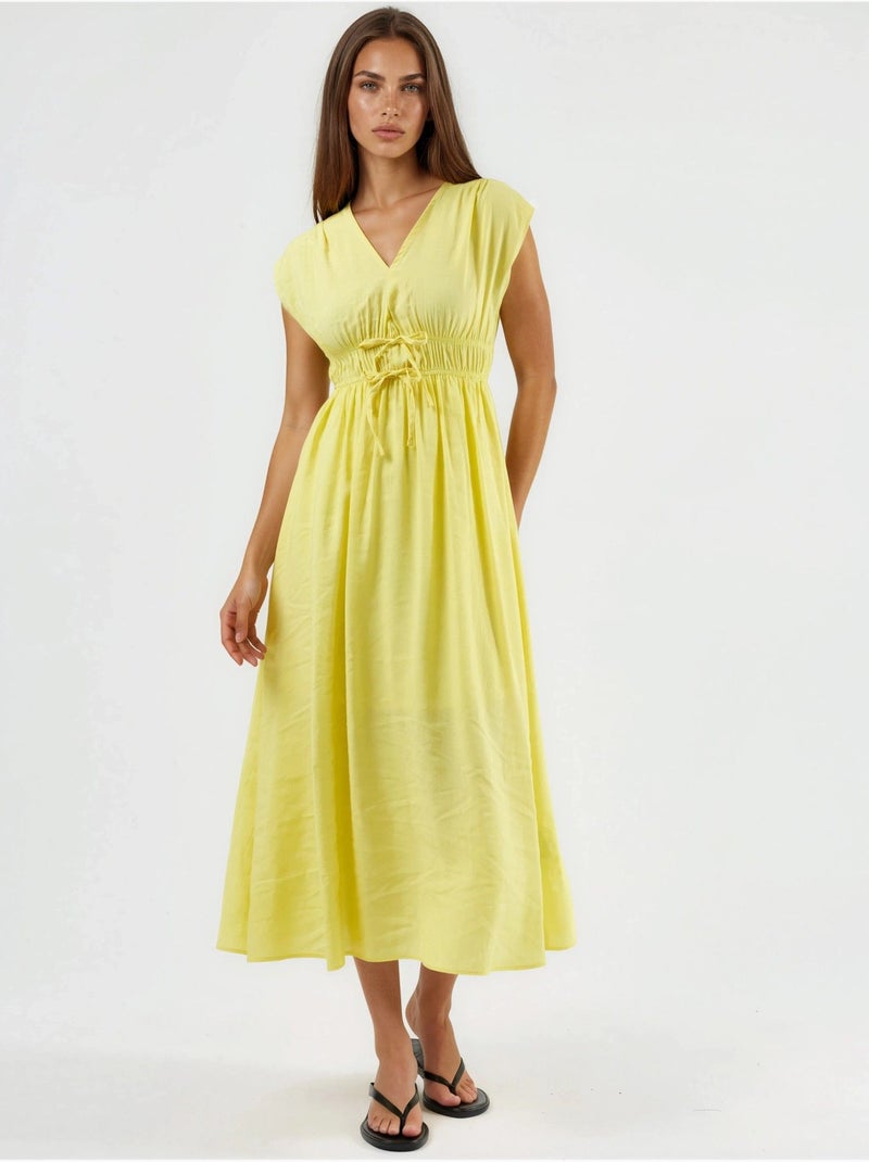 Vestido midi com decote em v e detalhe de laço busem Amarelo-limão - Kiabi