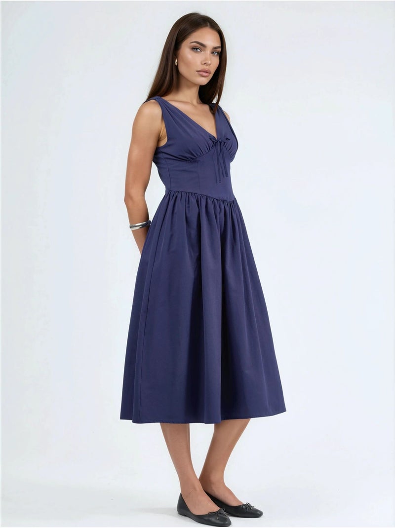 Vestido midi com decote em v e detalhe de laço busem Azul-marinho - Kiabi