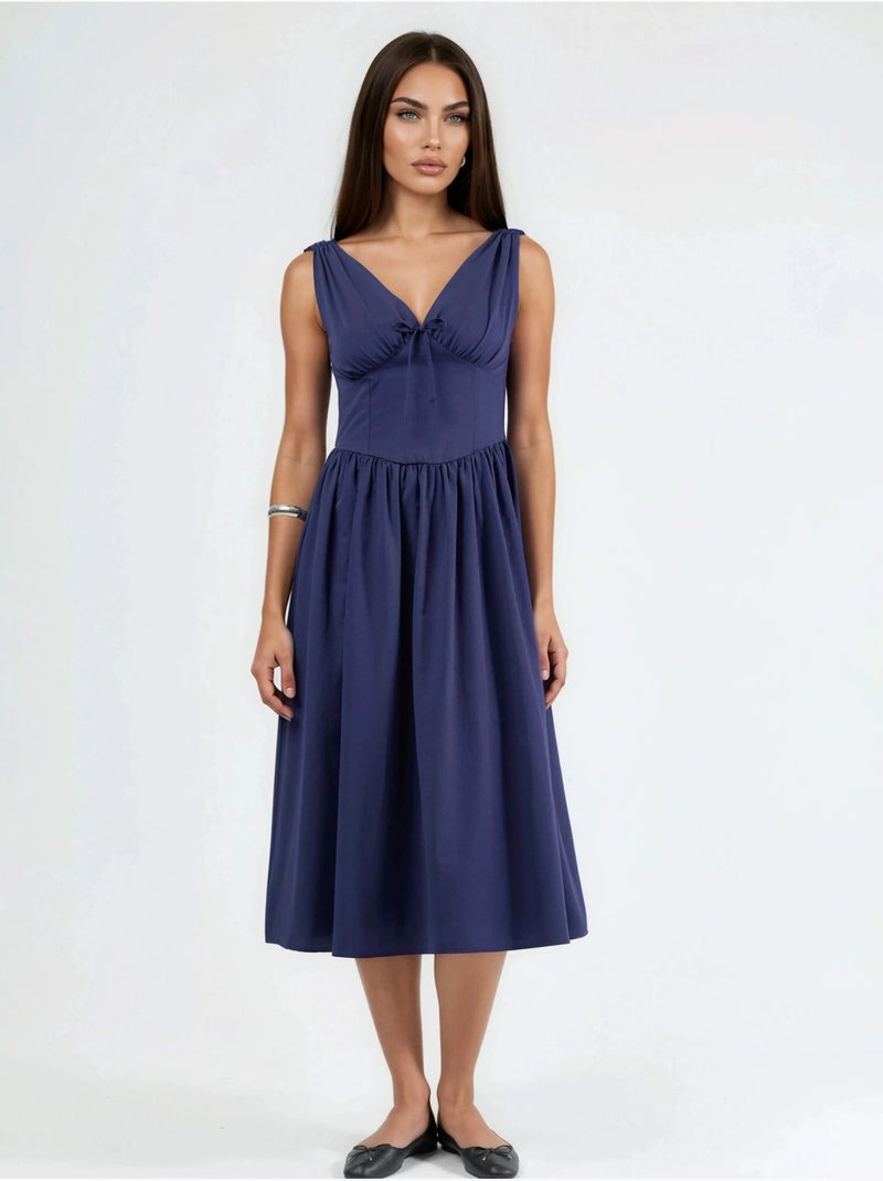 Vestido midi com decote em v e detalhe de laço busem Azul-marinho - Kiabi