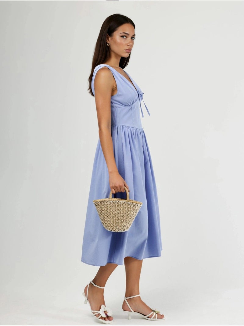 Vestido midi com decote em v e detalhe de laço busem Azul-safira - Kiabi