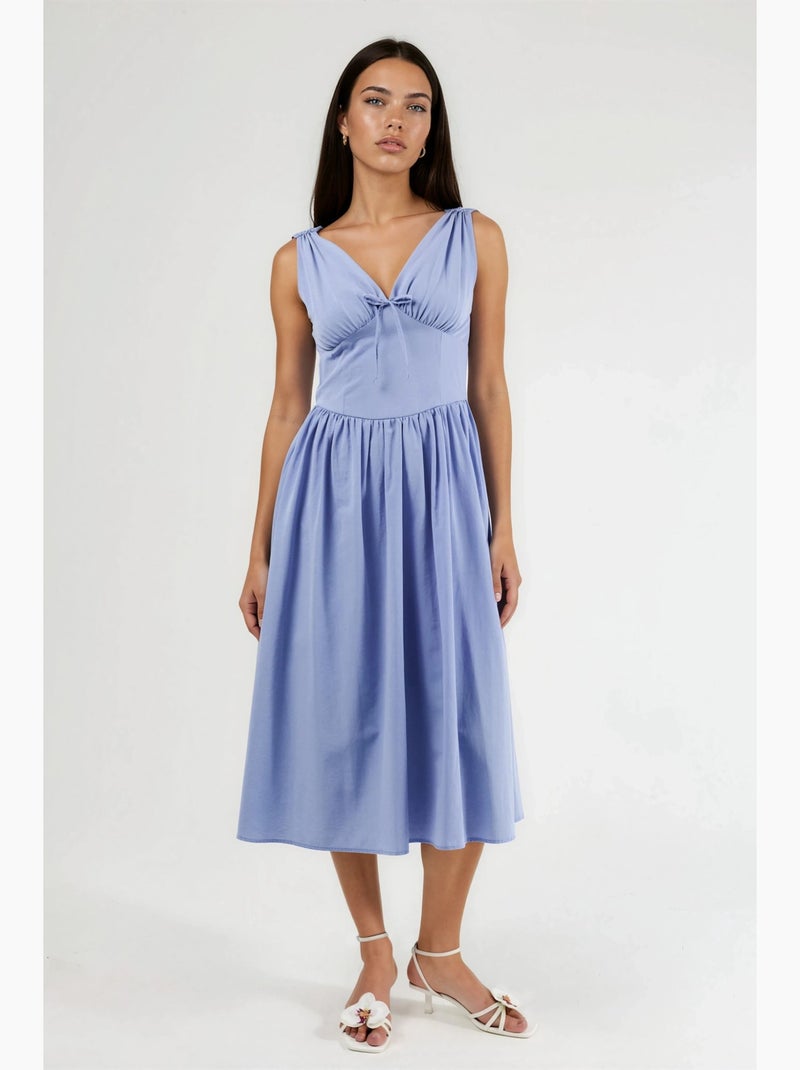 Vestido midi com decote em v e detalhe de laço busem Azul-safira - Kiabi
