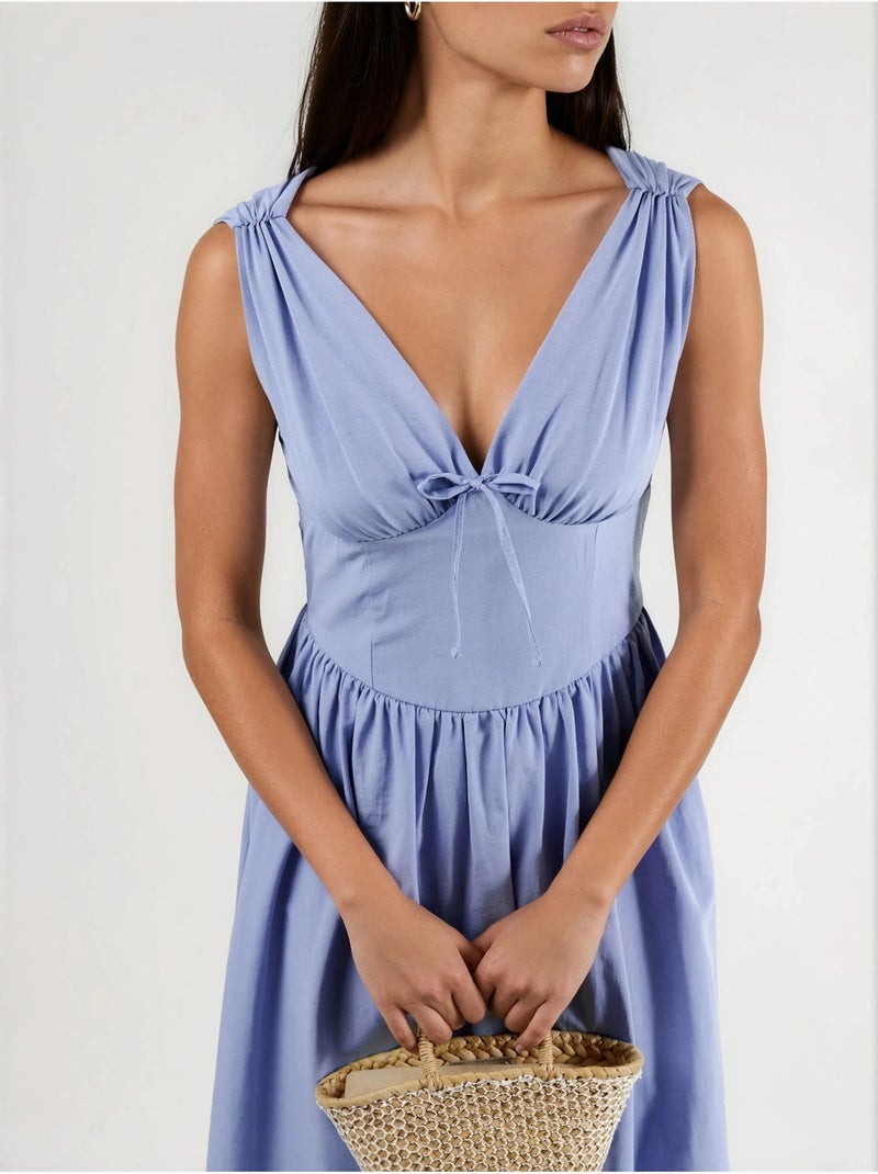 Vestido midi com decote em v e detalhe de laço busem Azul-safira - Kiabi