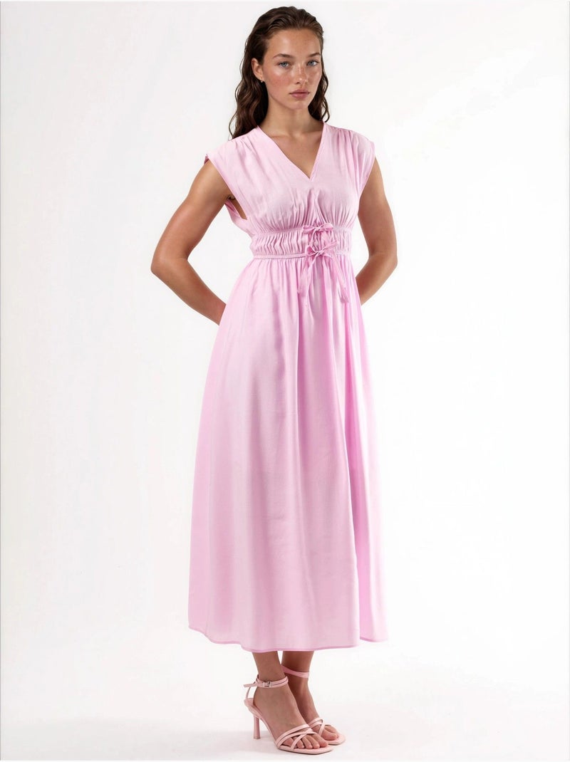 Vestido midi com decote em v e detalhe de laço busem Rosa-pálido - Kiabi