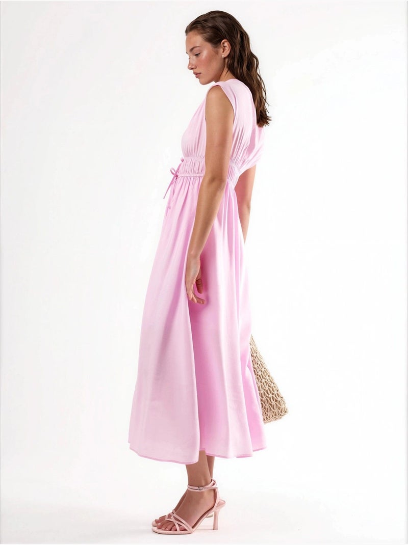 Vestido midi com decote em v e detalhe de laço busem Rosa-pálido - Kiabi