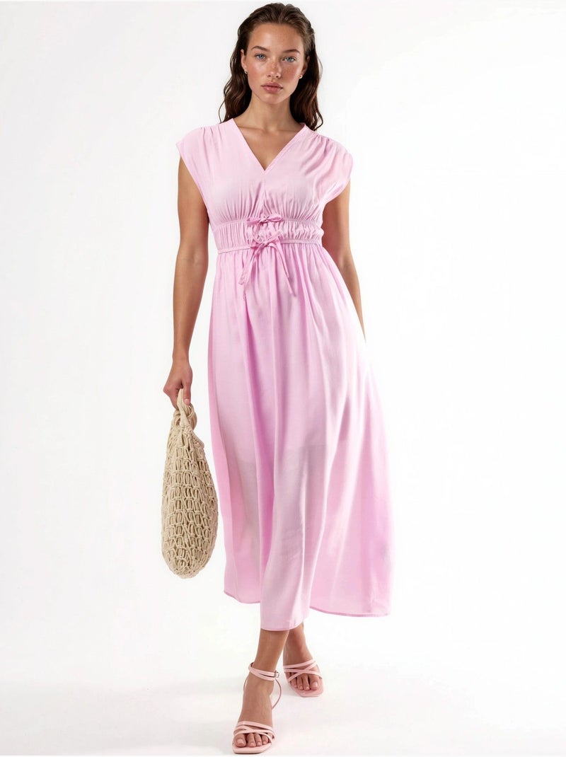 Vestido midi com decote em v e detalhe de laço busem Rosa-pálido - Kiabi