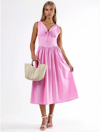 Vestido midi com decote em v e detalhe de laço busem