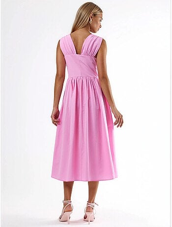 Vestido midi com decote em v e detalhe de laço busem