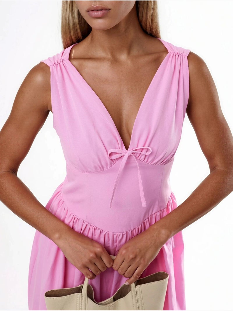 Vestido midi com decote em v e detalhe de laço busem Rosa-pálido - Kiabi