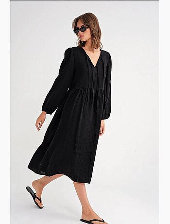 Vestido midi com decote em v e fecho com laço mixray