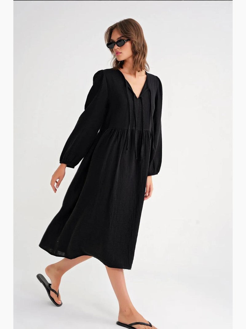 Vestido midi com decote em v e fecho com laço mixray Preto - Kiabi