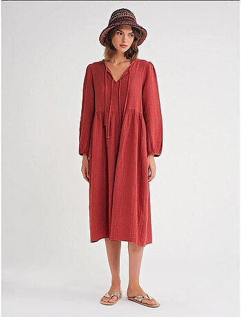 Vestido midi com decote em v e fecho com laço mixray