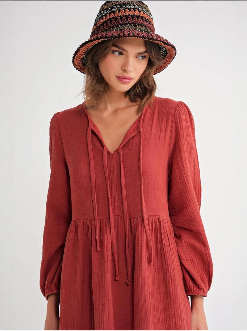Vestido midi com decote em v e fecho com laço mixray Vermelho escuro - Kiabi