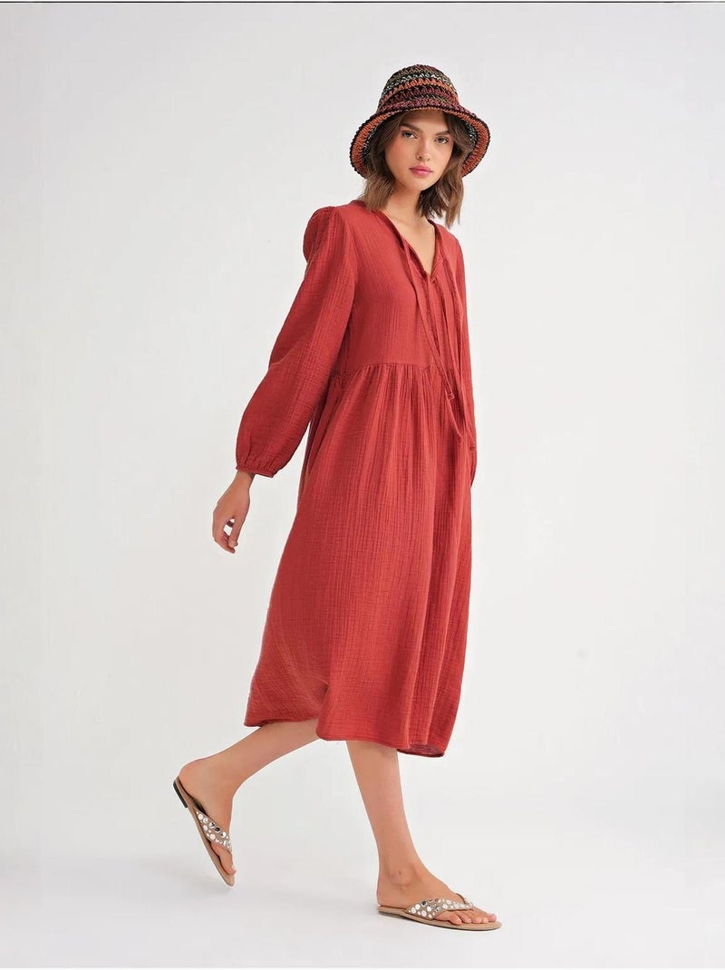 Vestido midi com decote em v e fecho com laço mixray Vermelho escuro - Kiabi