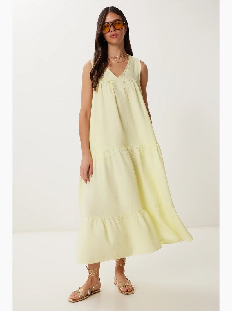 Vestido midi com decote em v e folhos istanbul Amarelo-limão - Kiabi