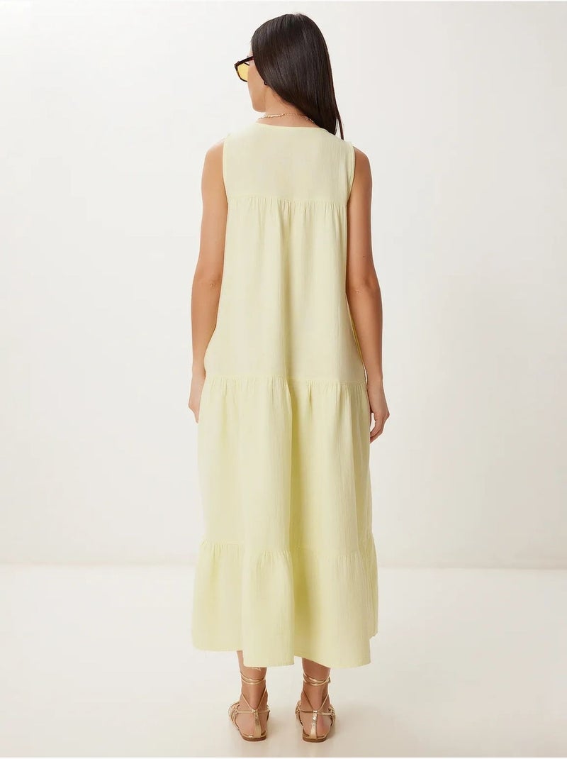 Vestido midi com decote em v e folhos istanbul Amarelo-limão - Kiabi