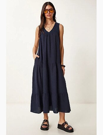 Vestido midi com decote em v e folhos istanbul