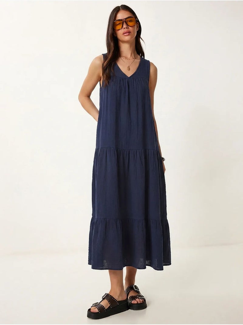 Vestido midi com decote em v e folhos istanbul Azul-marinho - Kiabi