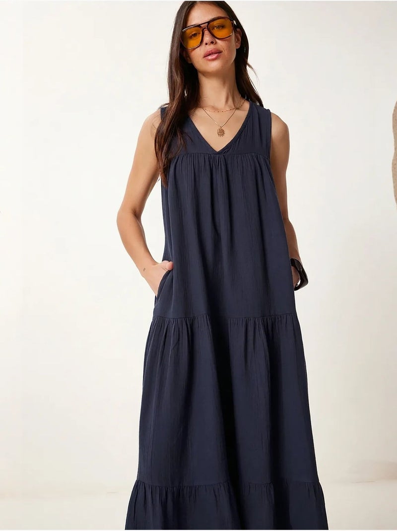 Vestido midi com decote em v e folhos istanbul Azul-marinho - Kiabi