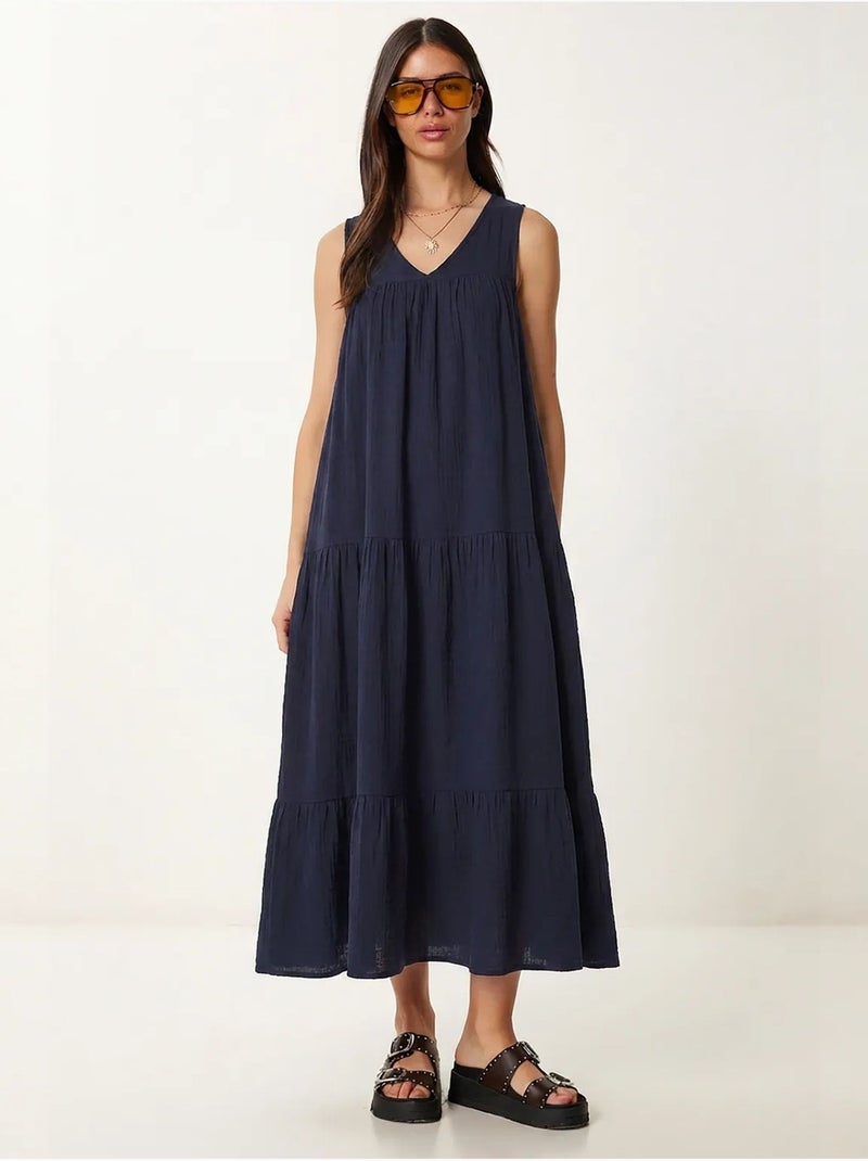 Vestido midi com decote em v e folhos istanbul Azul-marinho - Kiabi
