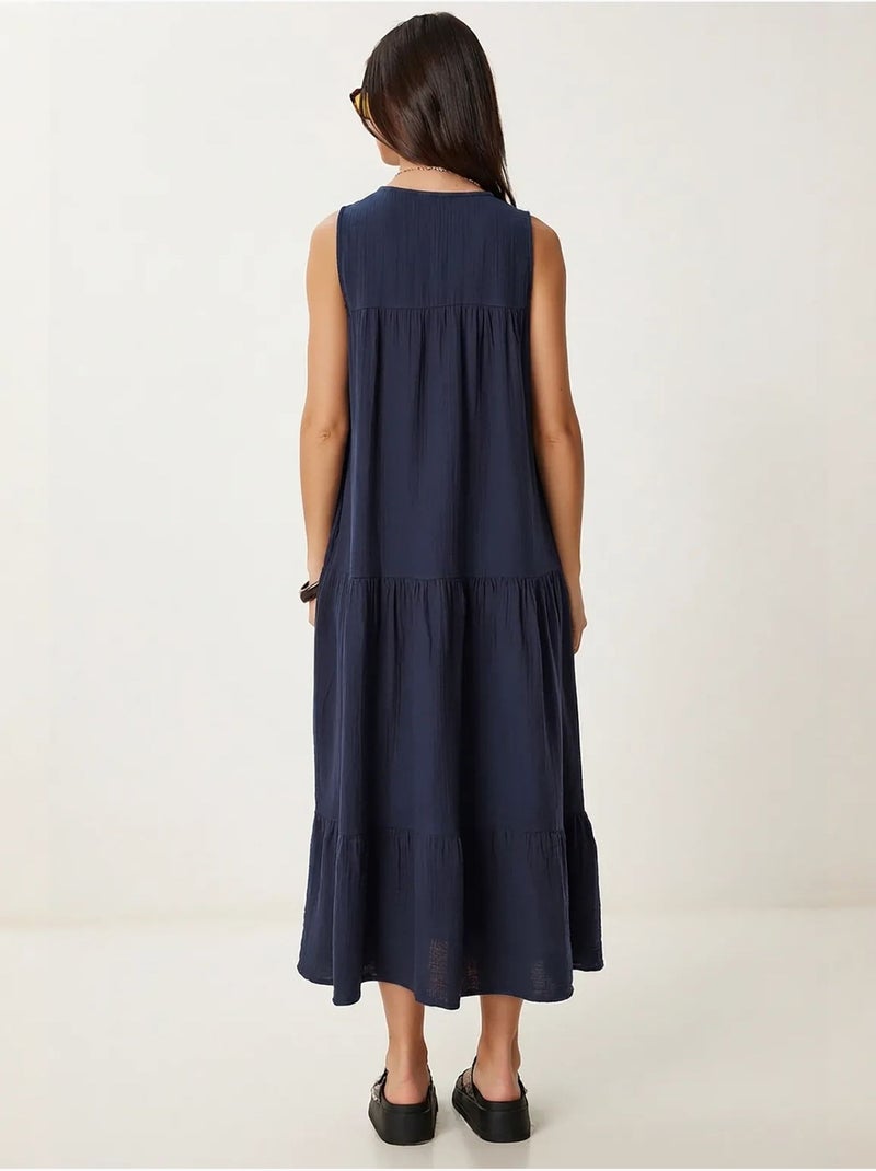 Vestido midi com decote em v e folhos istanbul Azul-marinho - Kiabi