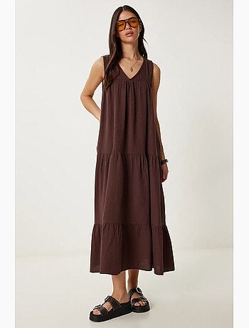 Vestido midi com decote em v e folhos istanbul