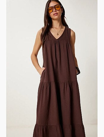 Vestido midi com decote em v e folhos istanbul