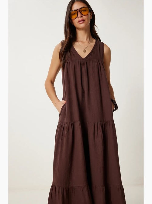 Vestido midi com decote em v e folhos istanbul - Kiabi Vestido midi com decote em v e folhos istanbul - Kiabi