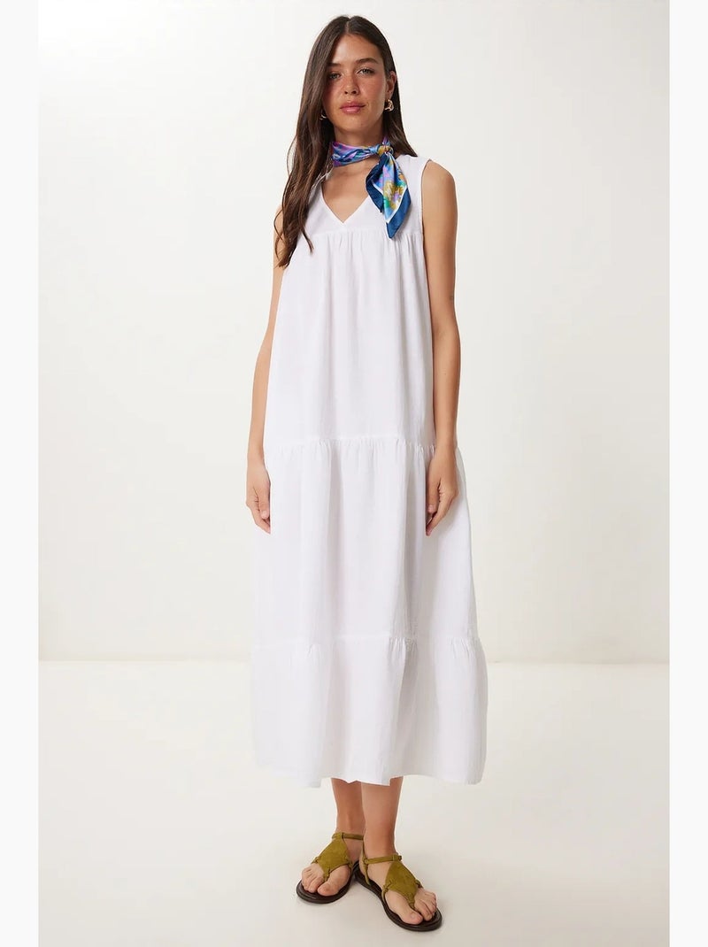 Vestido midi com decote em v e folhos istanbul Marfim - Kiabi