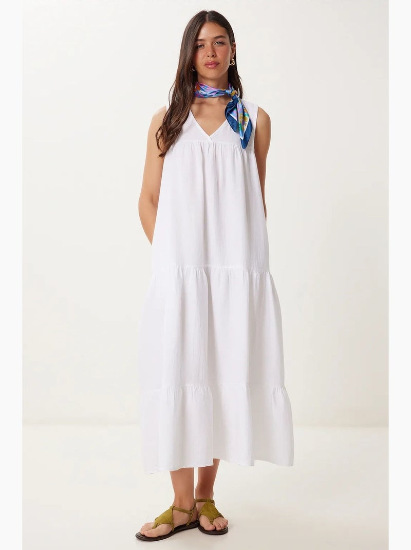 Vestido midi com decote em v e folhos istanbul Marfim - Kiabi