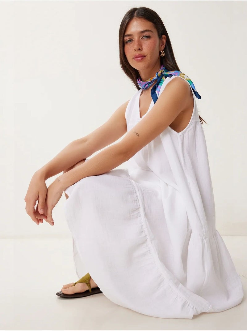 Vestido midi com decote em v e folhos istanbul Marfim - Kiabi