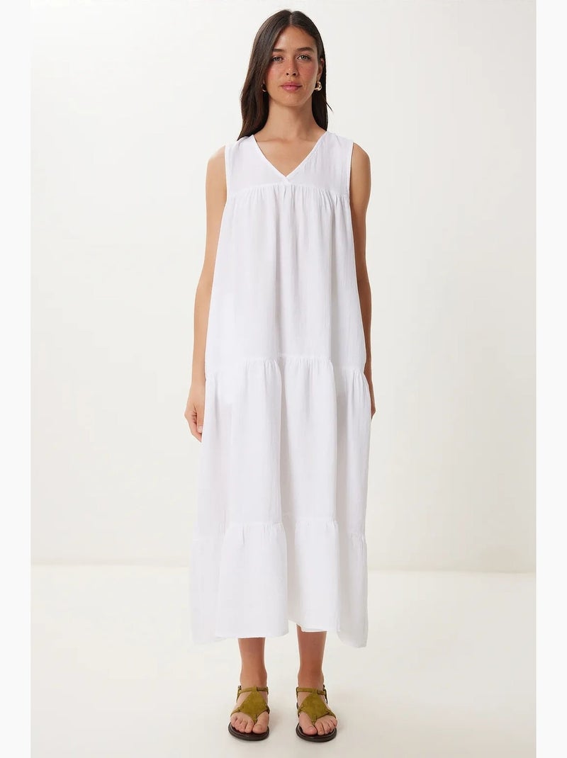 Vestido midi com decote em v e folhos istanbul Marfim - Kiabi