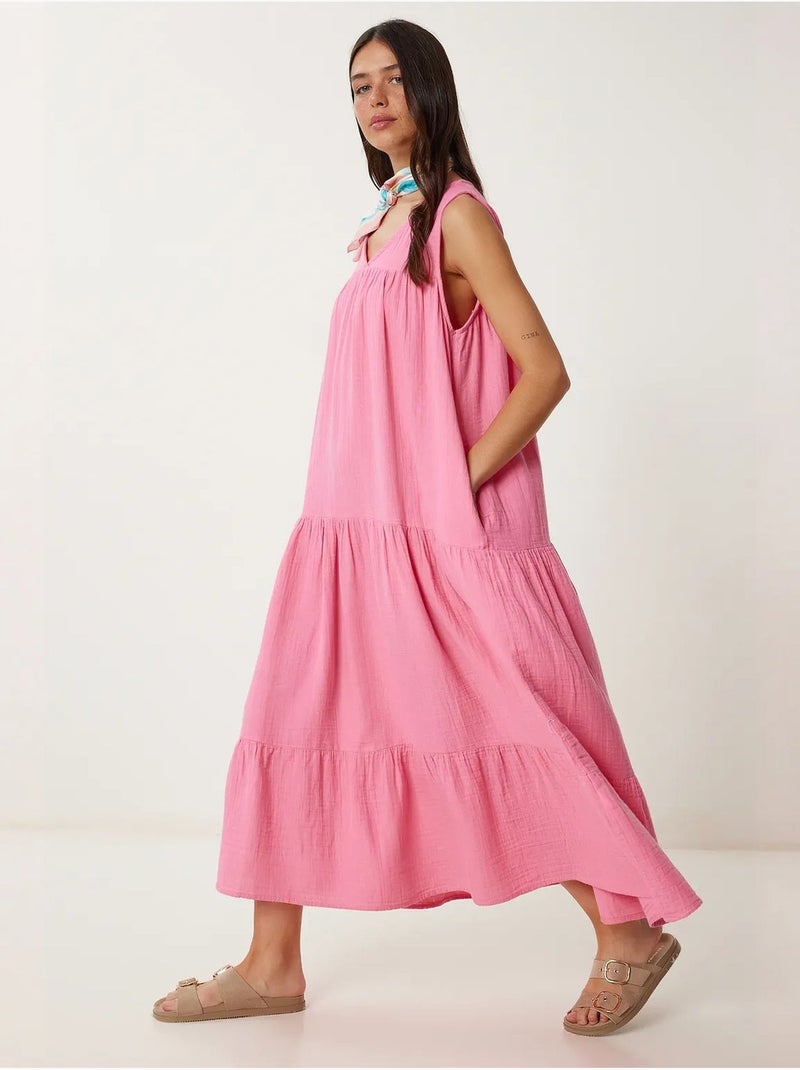 Vestido midi com decote em v e folhos istanbul Rosa-claro - Kiabi