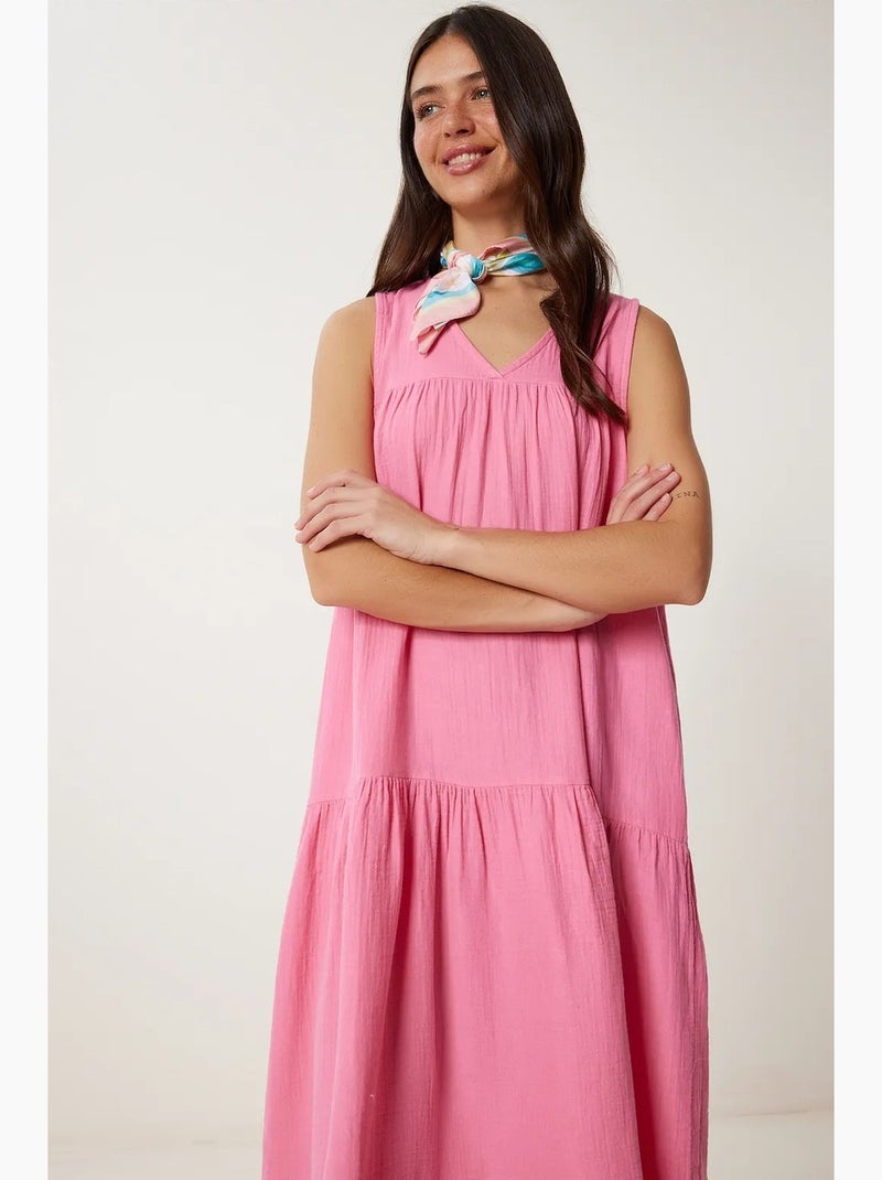 Vestido midi com decote em v e folhos istanbul Rosa-claro - Kiabi