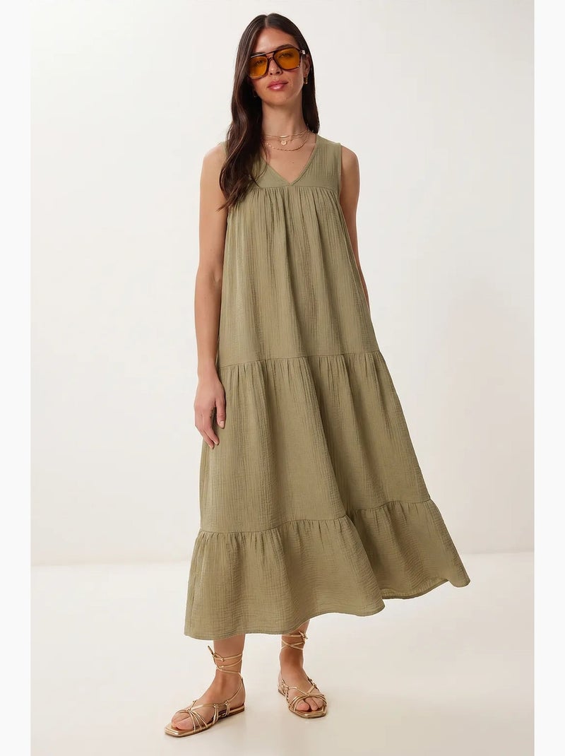 Vestido midi com decote em v e folhos istanbul Verde cáqui - Kiabi