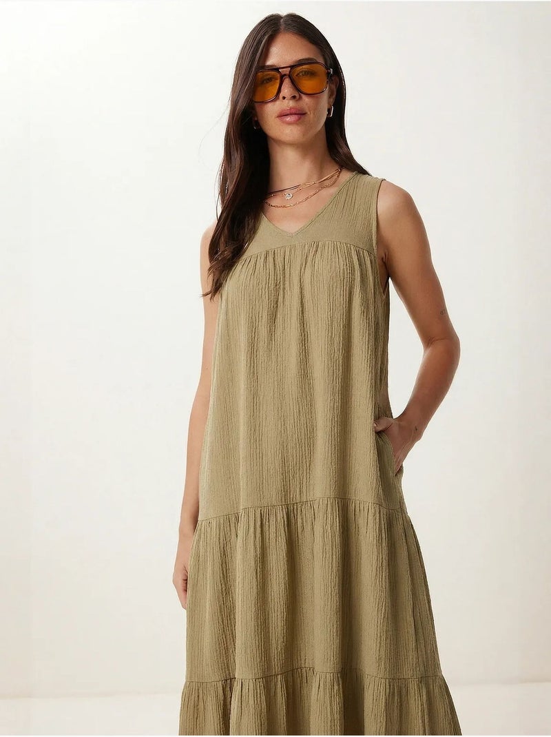 Vestido midi com decote em v e folhos istanbul Verde cáqui - Kiabi