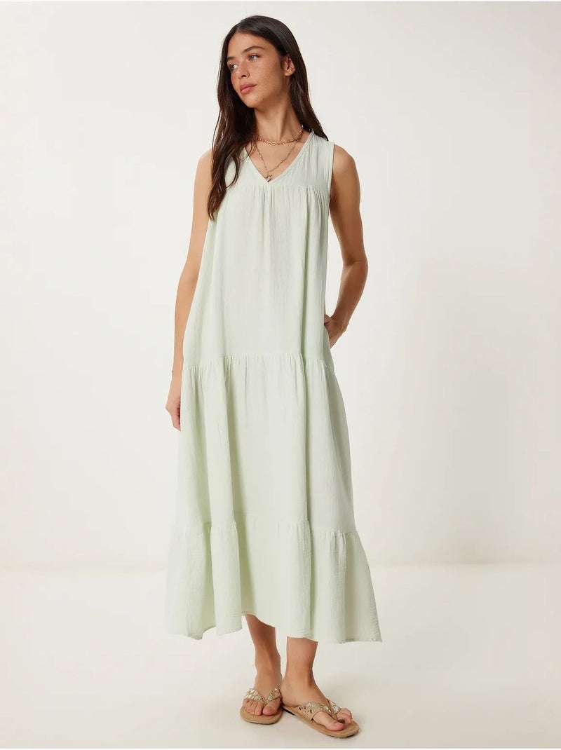 Vestido midi com decote em v e folhos istanbul Verde menta - Kiabi