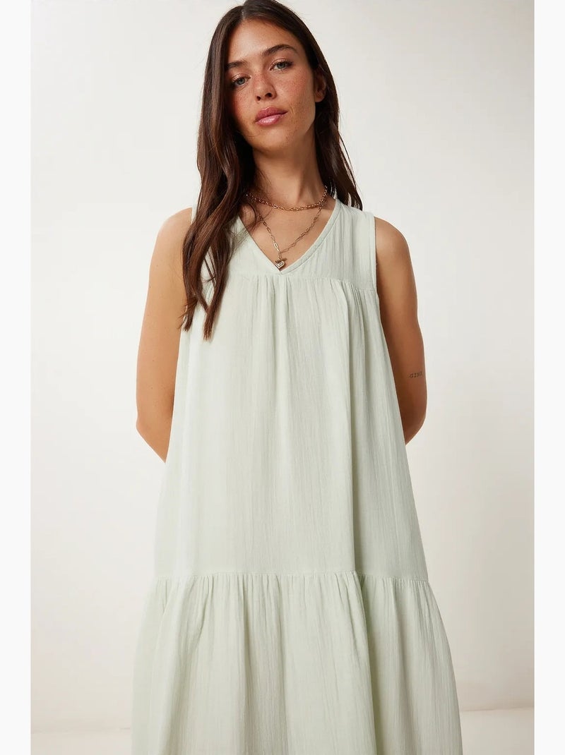 Vestido midi com decote em v e folhos istanbul Verde menta - Kiabi
